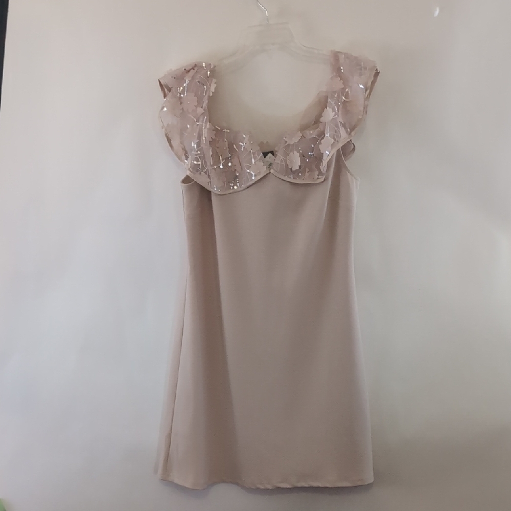 New With Tags Midi elegant beige Off Shouo dress With Tules And Sequins